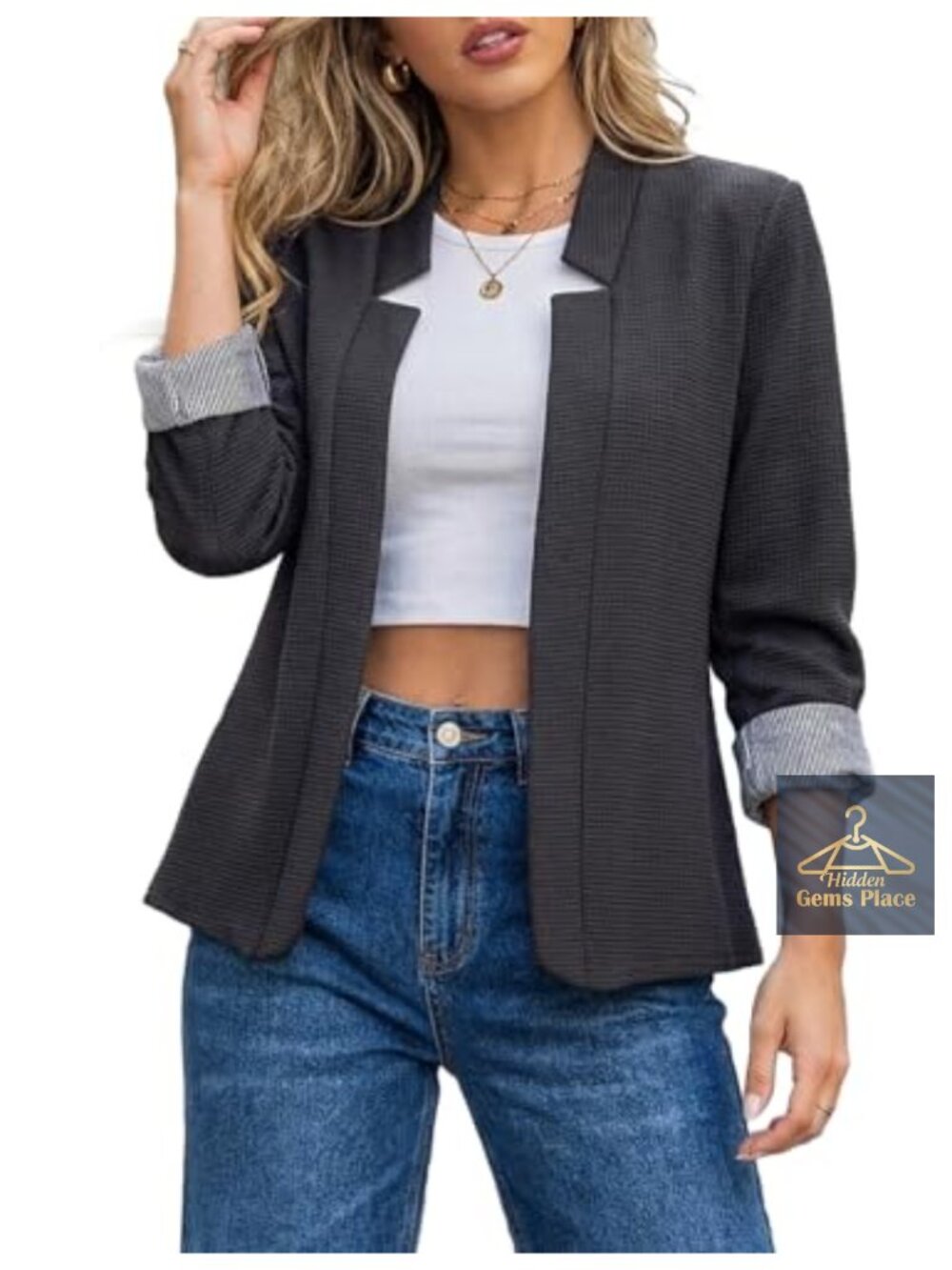 Women's Blazer Work Office Jacket 3/4 Sleeve Open Front Casual